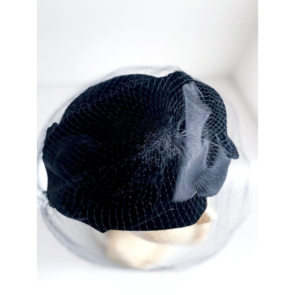 Vintage Velvet Satin  Black Pillbox gat with Mesh Overlay S - Picture 12 of 13